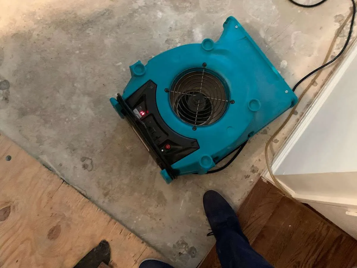 Air mover drying subfloor during Leak Detection & Repair in Eastman
